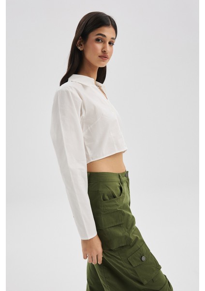 F21 Saten Crop Gömlek