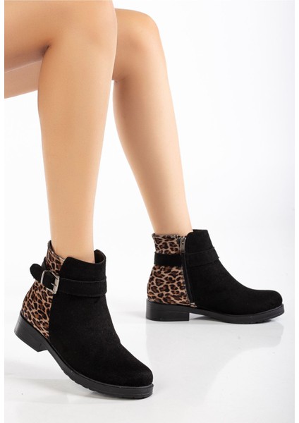 165-204/1 Siyah Süete Leopar Toka Aksesuarlı Fermuarlı Günlük Kadın Bot