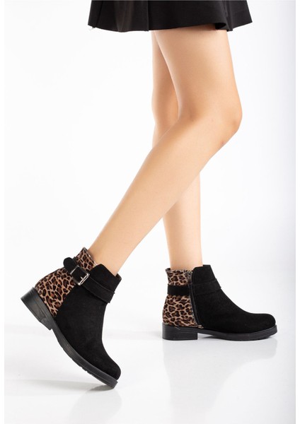 165-204/1 Siyah Süete Leopar Toka Aksesuarlı Fermuarlı Günlük Kadın Bot fiyatları