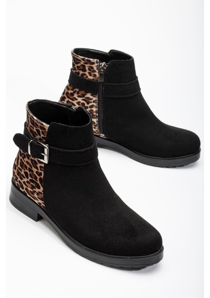 165-204/1 Siyah Süete Leopar Toka Aksesuarlı Fermuarlı Günlük Kadın Bot modelleri