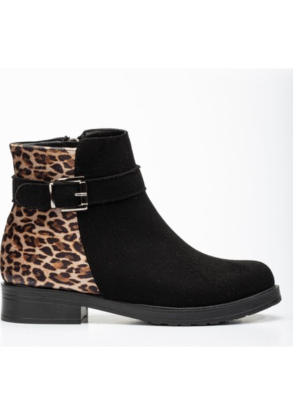 165-204/1 Siyah Süete Leopar Toka Aksesuarlı Fermuarlı Günlük Kadın Bot fırsatları