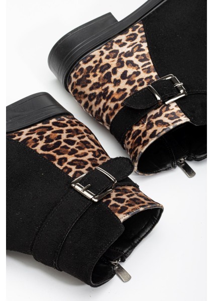 165-204/1 Siyah Süete Leopar Toka Aksesuarlı Fermuarlı Günlük Kadın Bot indirimleri