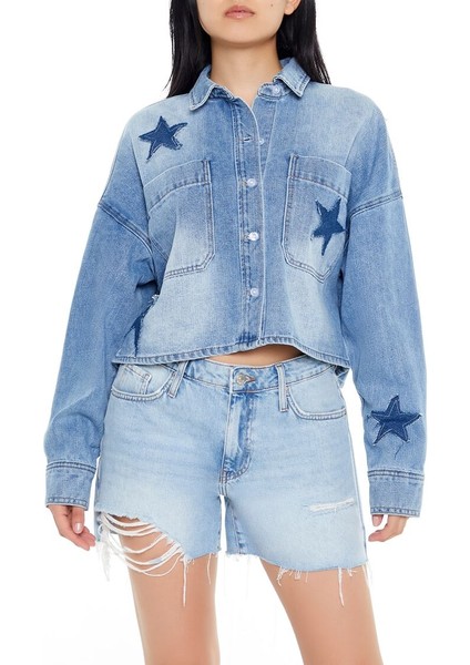 F21 Yıldız Yamalı Crop Kot Gömlek
