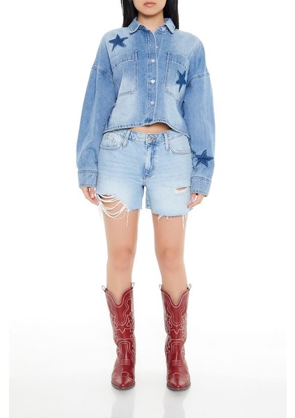 F21 Yıldız Yamalı Crop Kot Gömlek
