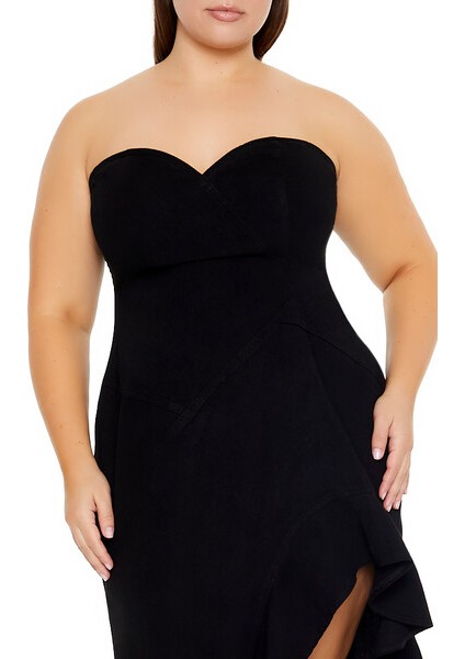 F21 Plus Size Denim Volanlı Maxi Elbise