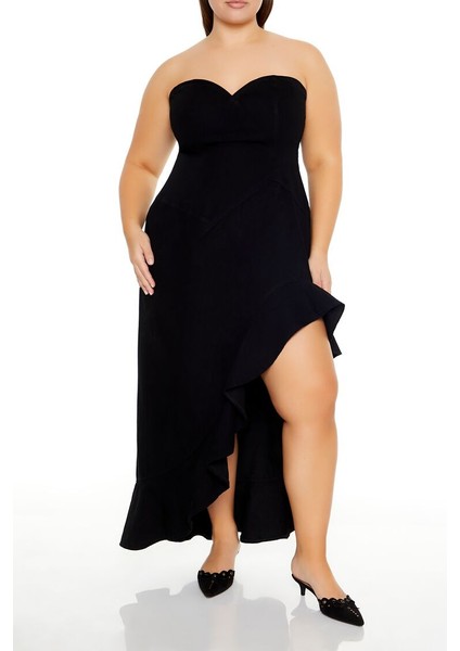 F21 Plus Size Denim Volanlı Maxi Elbise