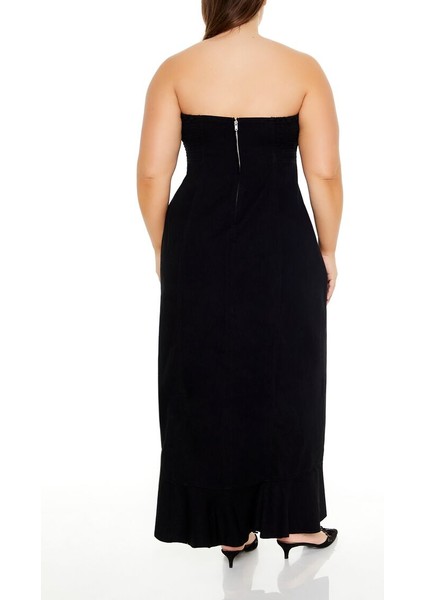 F21 Plus Size Denim Volanlı Maxi Elbise