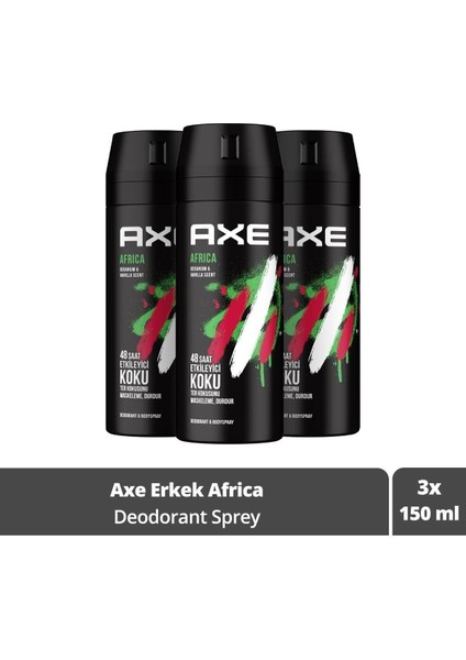 Erkek Sprey Deodorant Africa 48 Saat Etkileyici Koku 150 ml x 3 Adet
