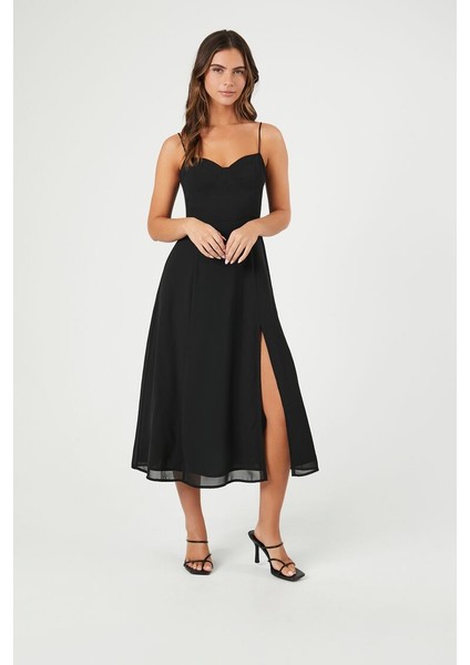 F21 Şifon Kalp Yaka Midi Elbise