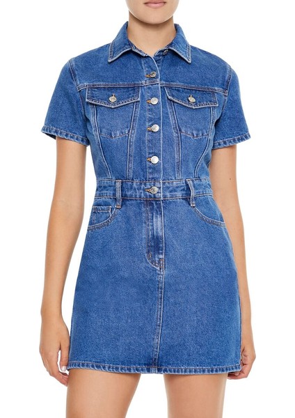 F21 Kısa Kollu Mini Denim Elbise