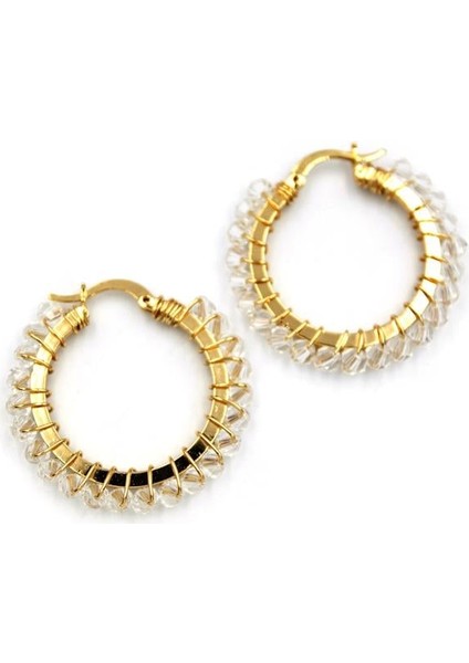 Kristal Boncuk Halka Küpe - Beyaz