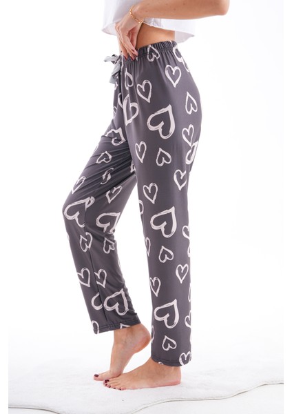 Kalp Desenli Yumuşak Dokulu Lastikli Bel Likralı Pijama Altı