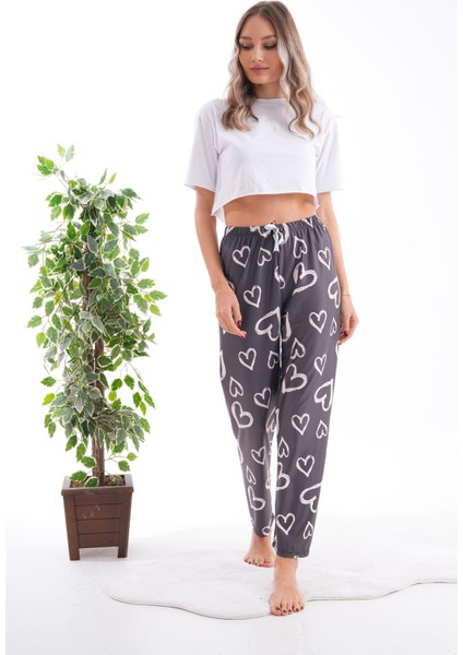 Kalp Desenli Yumuşak Dokulu Lastikli Bel Likralı Pijama Altı