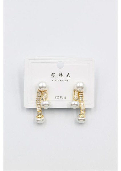 Baget Taşlı Incili Küpe - Altın