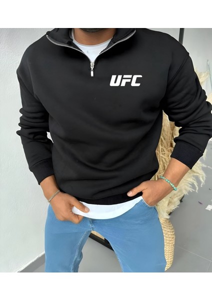 Unisex Yarım Fermuarlı Kışlık Şardonlu Ufc Baskılı Pamuklu Sweatshirt
