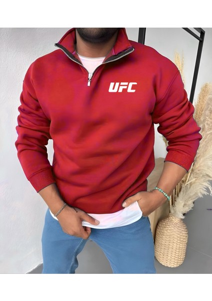 Unisex Yarım Fermuarlı Kışlık Şardonlu Ufc Baskılı Pamuklu Sweatshirt