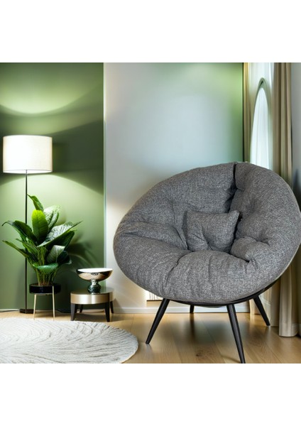 Yastıklı ve Minderli Tekli Koltuk Berjer | Şık, Rahat ve Ergonomik Oturma Alanı | Modern Tasarım | Keten Gri