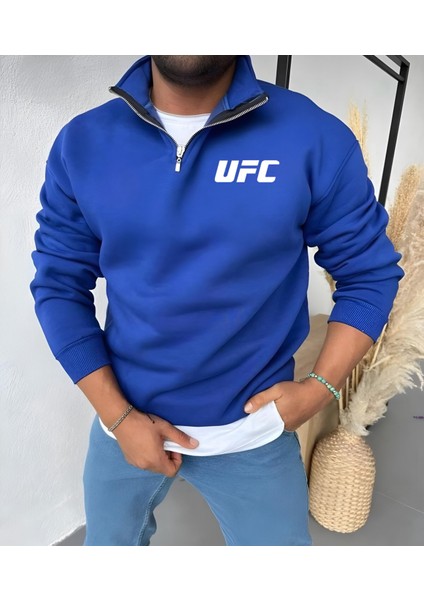 Unisex Yarım Fermuarlı Kışlık Şardonlu Ufc Baskılı Pamuklu Sweatshirt