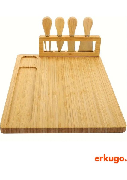 5 Parça Bambu Peynir Sunum Tahtası ve Çatal- Spatula-Mini Spatula- Bıçak Seti, Peynir Kesim Panosu