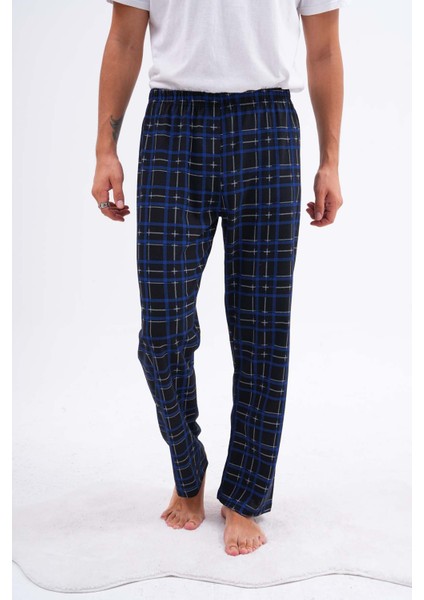 Erkek Ekose Baskılı %100 Pamuk Cepsiz Beli Lastikli Pijama Altı Mavi