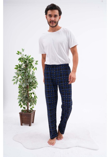 Erkek Ekose Baskılı %100 Pamuk Cepsiz Beli Lastikli Pijama Altı Mavi