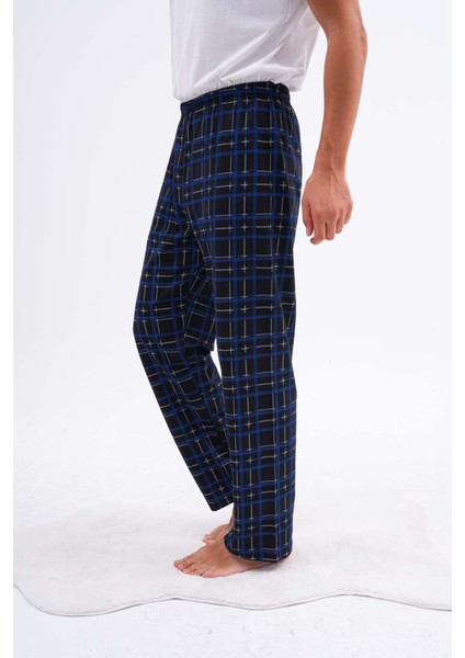 Erkek Ekose Baskılı %100 Pamuk Cepsiz Beli Lastikli Pijama Altı Mavi