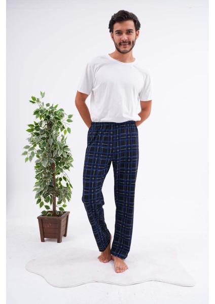 Erkek Ekose Baskılı %100 Pamuk Cepsiz Beli Lastikli Pijama Altı Mavi