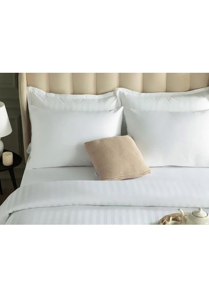 Çift Kişilik Çizgili Pamuk Saten Nevresim | Beyaz | 200x230 - Otel Koleksiyonu fiyatları