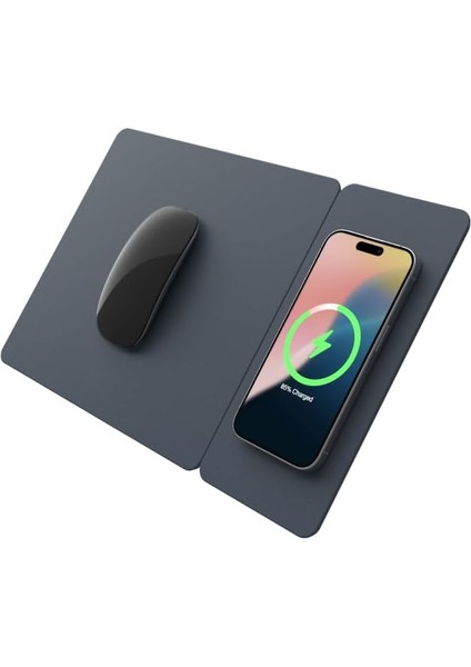 H3 Bölünmüş Kablosuz Şarj Mouse Pad - Hızlı Qi Kablosuz Şarj Cihazı Fare Altlığı Matına Manyetik Olarak Takılır - Iphone, Samsung Galaxy, Airpods ile Uyumludur (Gece Mavisi)