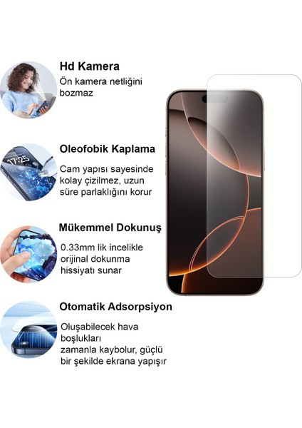 Apple iPhone 16 Pro Max Kırılmaz Cam Şeffaf 0.3mm Kılıf Dostu Temperli Ekran Koruyucu