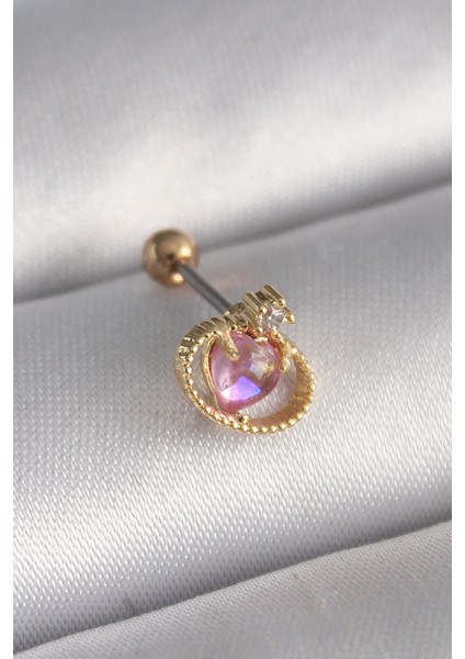 316L Çelik Gold Renk Pembe Mineli Kalp Zirkon Taş Detay Tragus Piercing - TJ-PR1272