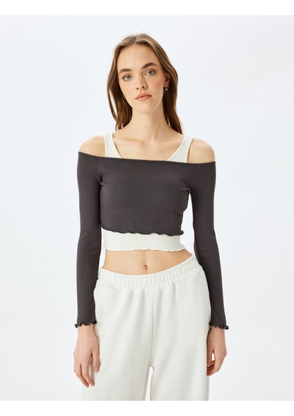 Uzun Kollu Atletli Kayık Yaka Crop Kaşkorse Slim Fit Tişört modelleri