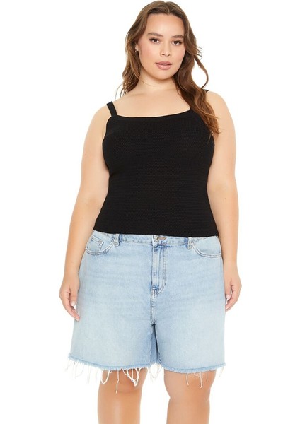 Plus Size Örgü Askılı Bluz