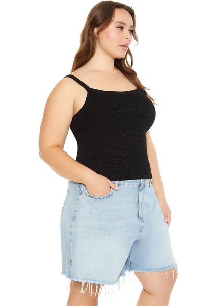 Plus Size Örgü Askılı Bluz