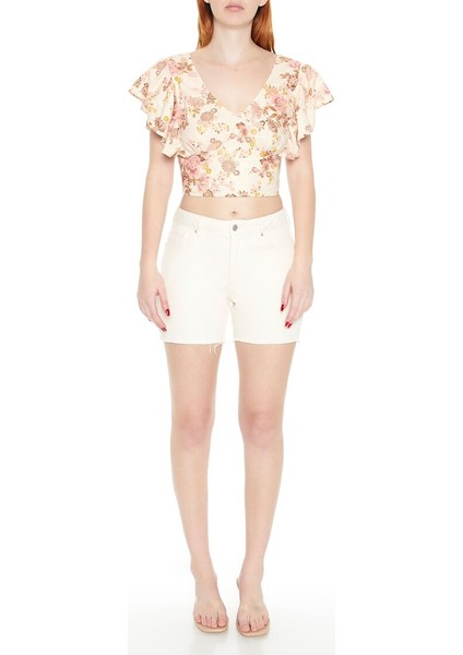 Çiçek Desenli V Yaka Crop Bluz