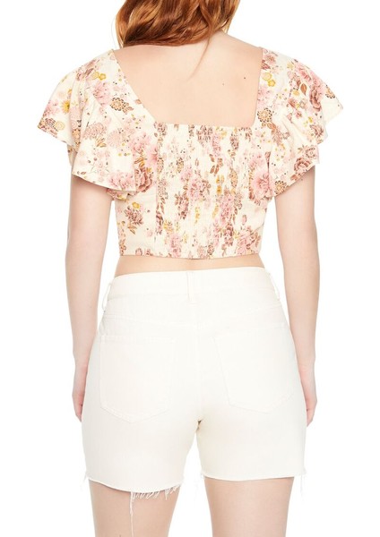 Çiçek Desenli V Yaka Crop Bluz