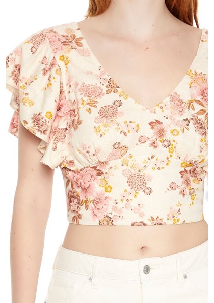 Çiçek Desenli V Yaka Crop Bluz