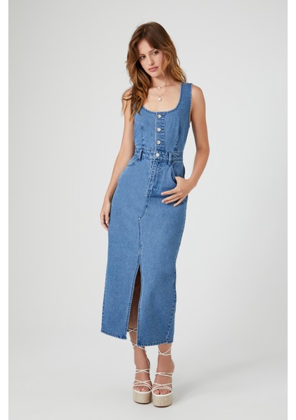 F21 Kolsuz Denim Midi Elbise