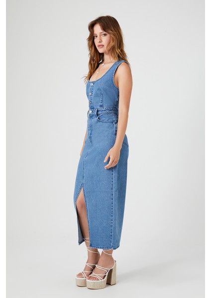 F21 Kolsuz Denim Midi Elbise