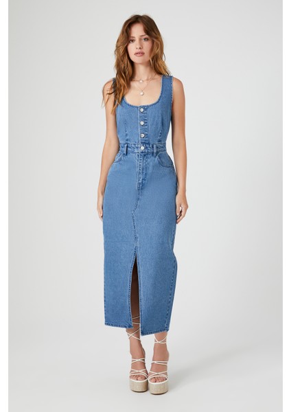 F21 Kolsuz Denim Midi Elbise