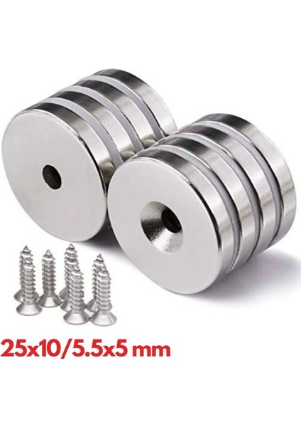 Yeni Kr 25 x 10 / 5 x 5.5 mm Havşa Delikli Neodyum Mıknatıs - Güçlü N35 Nikel Kaplama Magnet