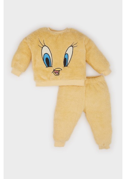 Kız Bebek Looney Tunes 2'li Takım Bisiklet Yaka Pelüş Sweatshirt Beli Lastikli Eşofman Altı D7260A524WN
