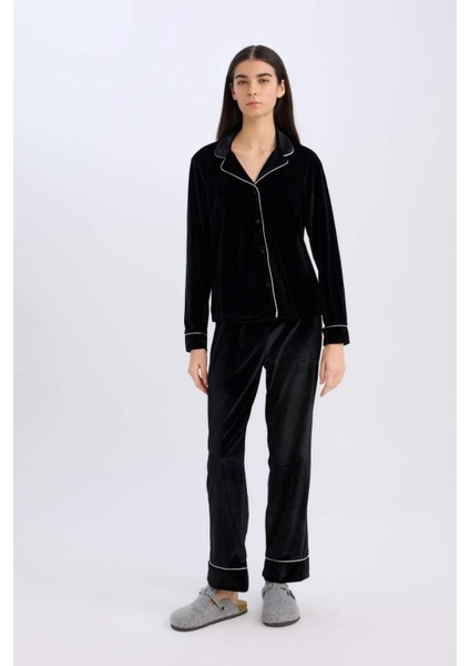 Kadife Pijama Takımı Uzun Kollu Üst Beli Lastikli Uzun Alt-Fall in Love D8676AX24WN fiyatları
