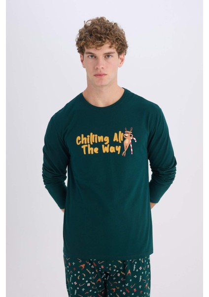 Yılbaşı Temalı Pijama Takımı Bisiklet Yaka Baskılı Uzun Kollu Üst Uzun Alt D8219AX24WN modelleri