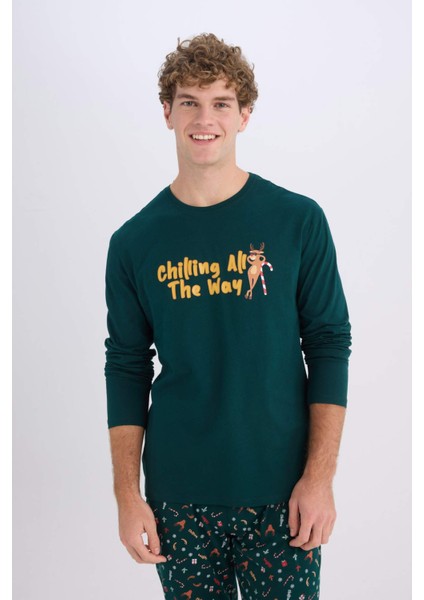 Yılbaşı Temalı Pijama Takımı Bisiklet Yaka Baskılı Uzun Kollu Üst Uzun Alt D8219AX24WN fırsatları