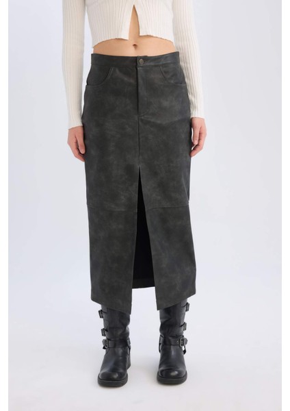 Kalem Yıkamalı Yüksek Bel Suni Deri Midi Etek D3014AX24WN fırsatları