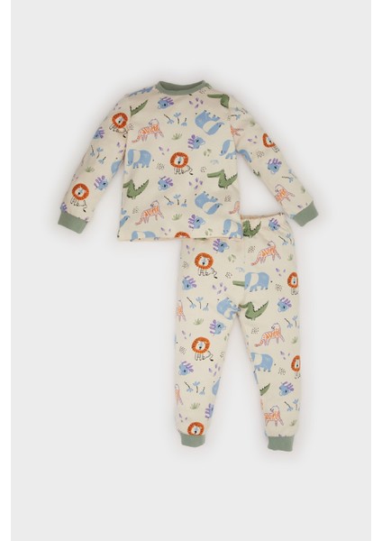 Erkek Bebek Pijama Takımı Safari Baskılı Bisiklet Yaka Uzun Kollu Üst Beli Lastikli Uzun Alt D7153A524WN