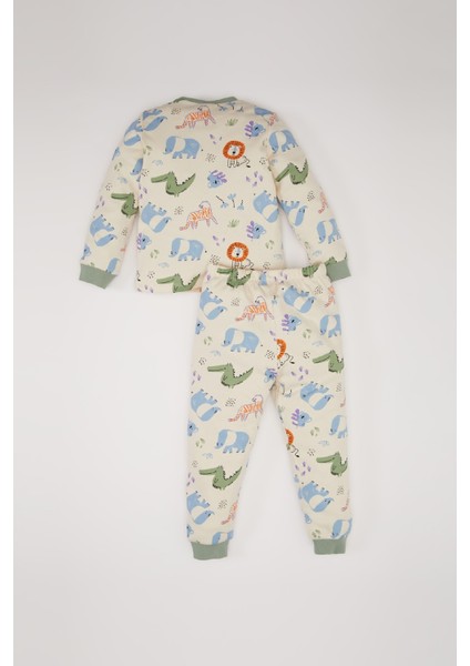 Erkek Bebek Pijama Takımı Safari Baskılı Bisiklet Yaka Uzun Kollu Üst Beli Lastikli Uzun Alt D7153A524WN