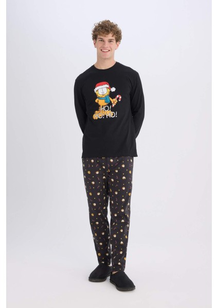 Garfield Yılbaşı Temalı Pijama Takımı Bisiklet Yaka Uzun Kollu Üst Uzun Alt D8334AX24WN