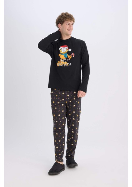 Garfield Yılbaşı Temalı Pijama Takımı Bisiklet Yaka Uzun Kollu Üst Uzun Alt D8334AX24WN